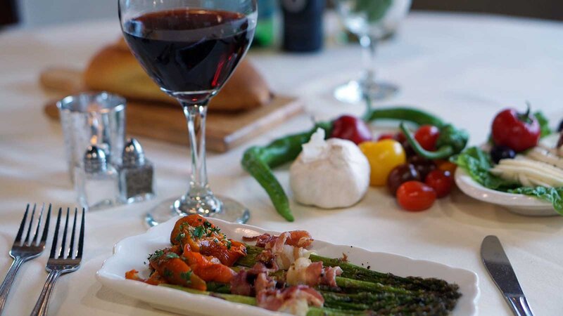Roasted red peppers, bacon and asparagus appetizer